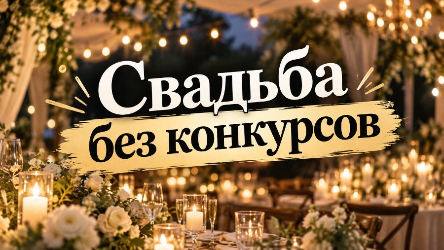 Свадебный вечерний приём при свечах с надписью «Свадьба без конкурсов» — обложка статьи