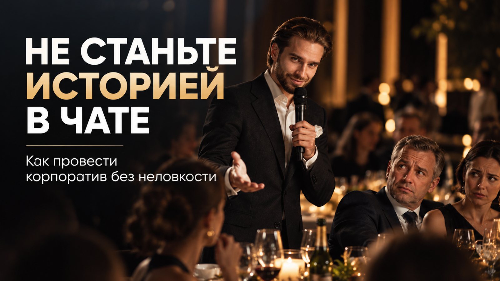 Ведущий с микрофоном и смущённые гости за столом — иллюстрация к статье о корпоративе без неловкости