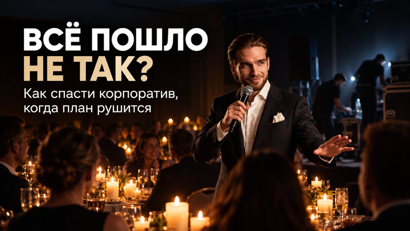 Ведущий с микрофоном в зале при свечах — иллюстрация к статье о том, что делать, когда на корпоративе всё идёт не по плану
