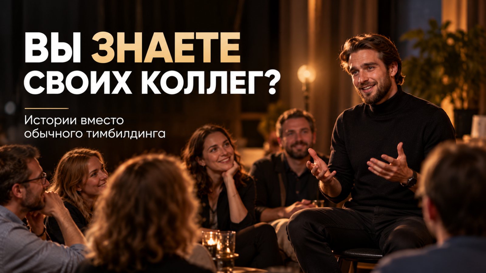 Ведущий рассказывает историю коллегам в уютном зале — иллюстрация к статье о тимбилдинге «Вечер ваших историй»
