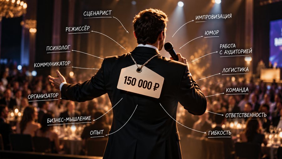 Ведущий на сцене с ценником 150 000 ₽ и подписями навыков — иллюстрация к статье о том, за что платит event-менеджер